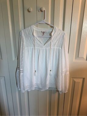 ESQUALO White Lightweight Lace-Trim Peasant Blouse